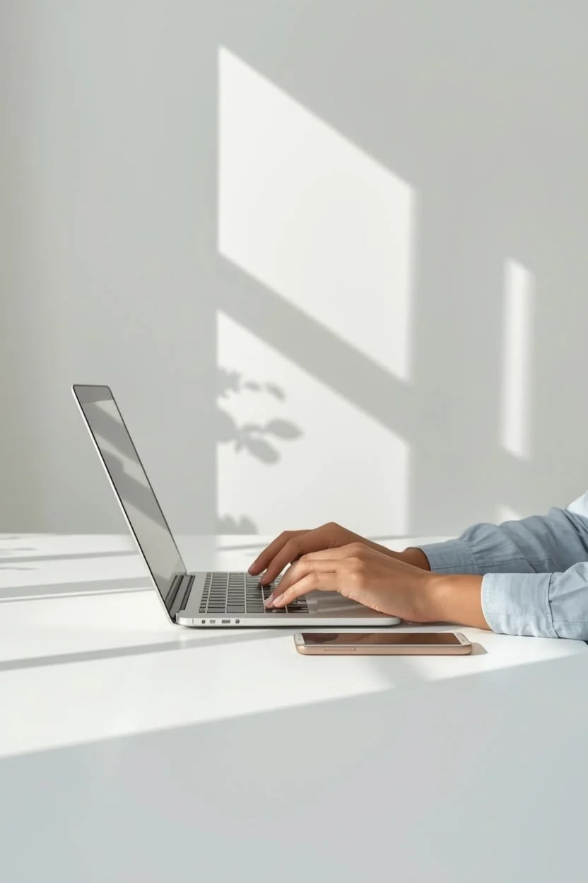 Person typing on a silver laptop on a white desk with a smartphone nearby, shadow of window and plant cast on the wall