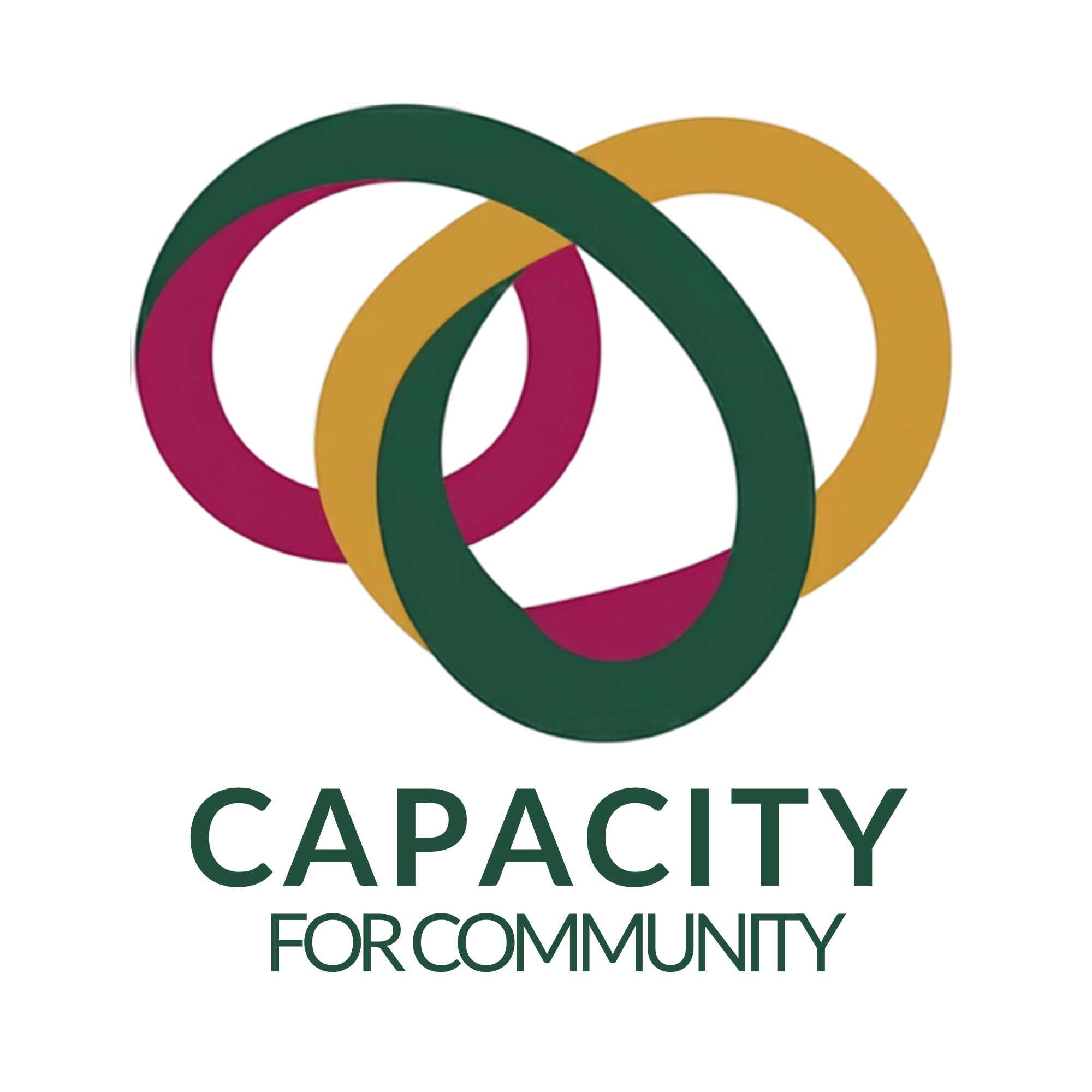 The image features the logo of the Capacity for Community. It includes interlinked loops in magenta, gold and green, with the words "Capacity for Community" underneath.
