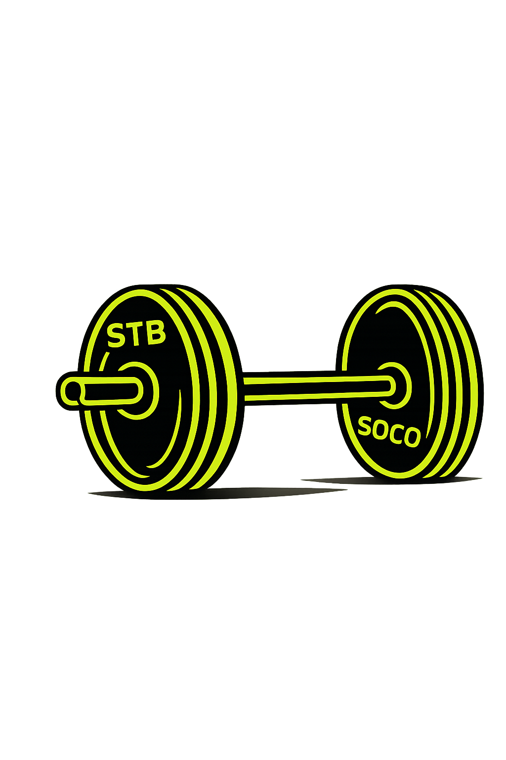 Illustration of a barbell with weight plates labeled 'STB' and 'SOCO' set against a black background.
