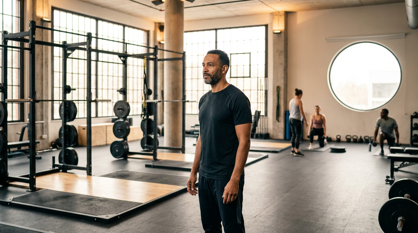 A man standing in a gym with weightlifting equipment and people working out in the background.