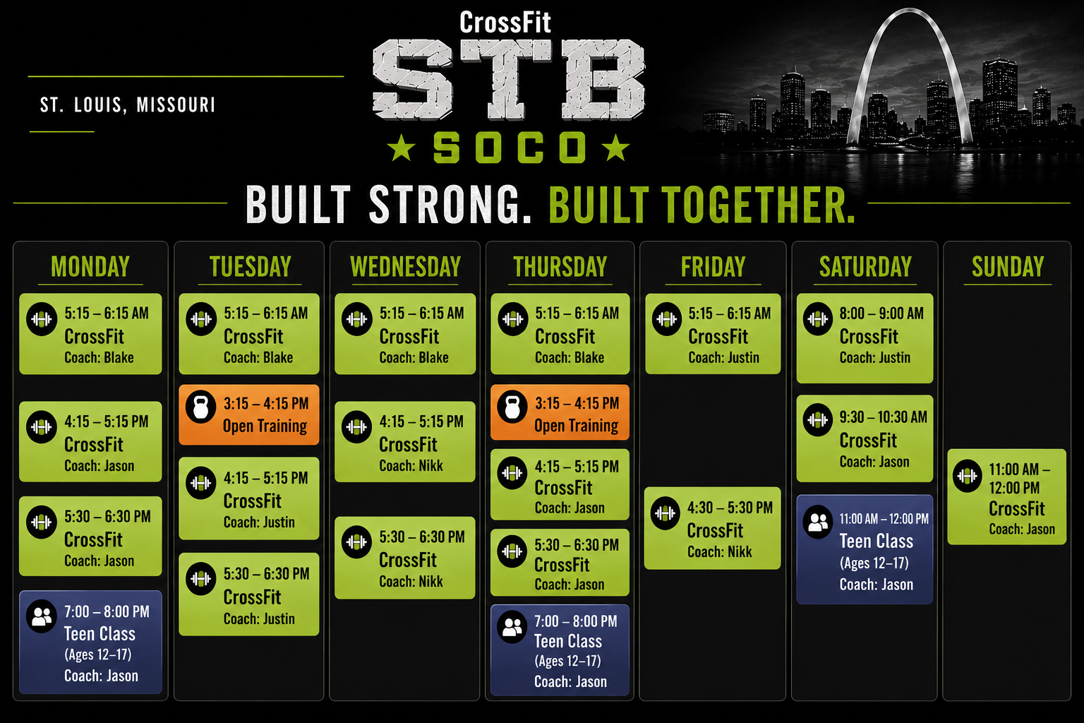 Weekly fitness class schedule for CrossFit SOCO in St. Louis, Missouri, showing workout times, coaches, and age group information for each day of the week.
