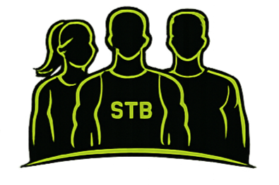 Silhouette of three people with the middle one wearing a shirt labeled 'STB', outlined in bright green against a black background.