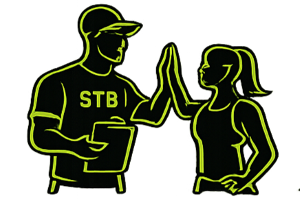Illustration of a man and woman giving a high five, with the man holding a tablet, both outlined in neon green. The man is wearing a shirt with 'STB' on it.