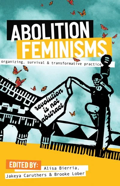Book cover titled 'Abolition Feminisms', with a silhouette of a person holding a sign that reads 'revolution is not abolition', and butterflies flying around.
