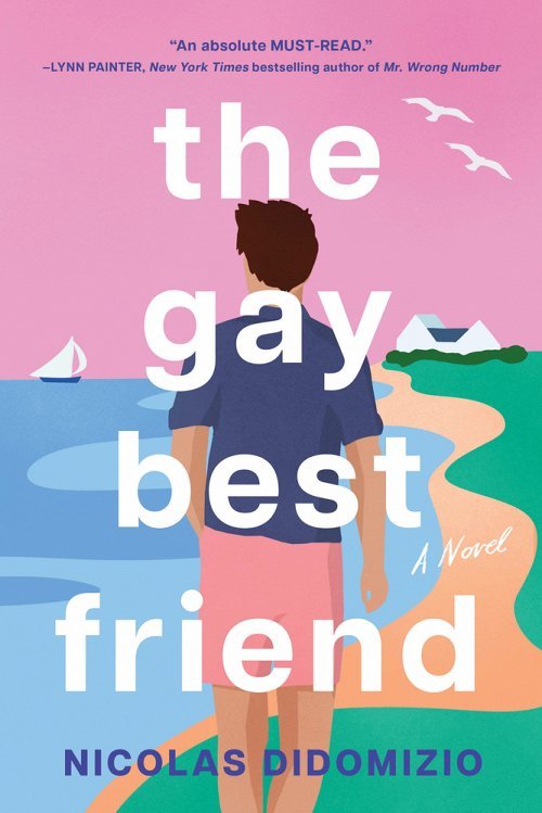 Book cover featuring a person walking along a beach with mountains and a sailboat in the background, and the title 'The Gay Best Friend' by Nicolas Didomizio.