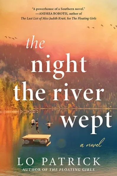 Book cover for 'The Night the River Wep', by Lo Patrick, featuring a sunset over a river with two children playing in the water.