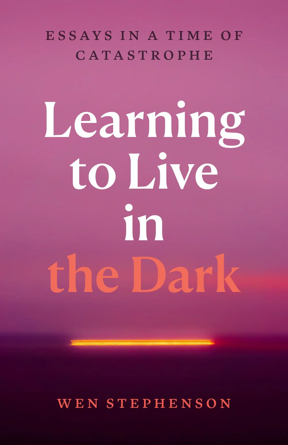 Book cover titled 'Essays in a Time of Catastrophe: Learning to Live in the Dark' by Wen Stephenson, featuring a pink and purple background with a neon-like orange line at the bottom.