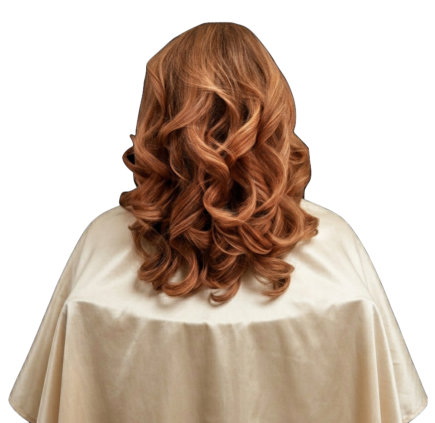 Back view of a woman with long, curly, light brown hair against a black background, wearing a white cape or gown.