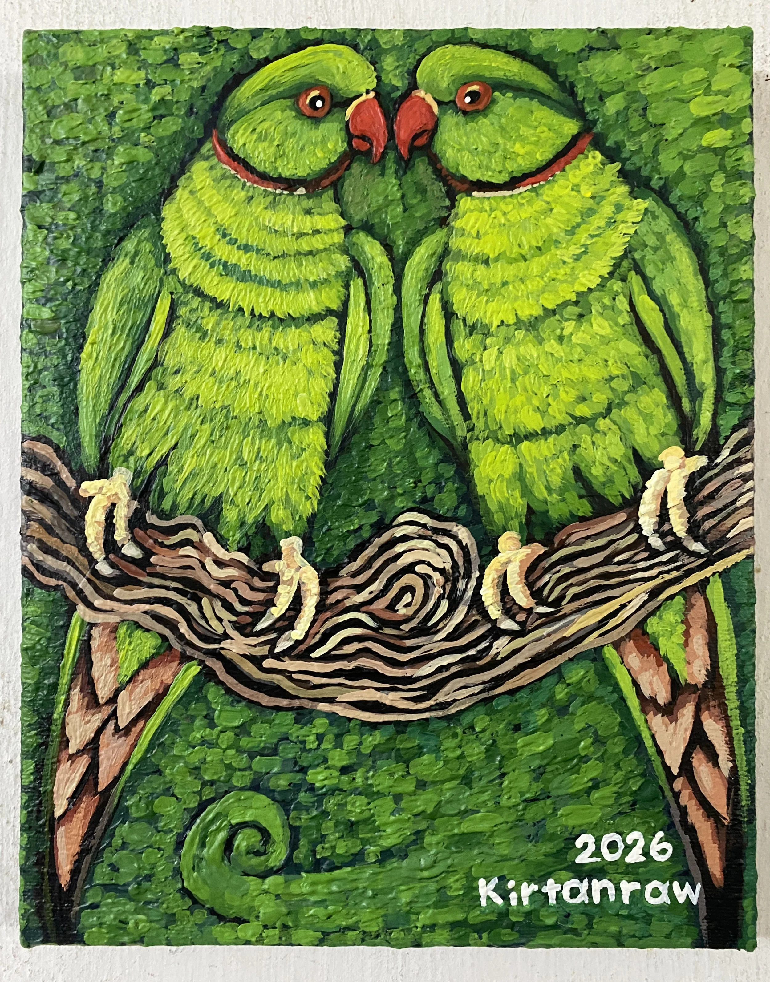 Colorful painting of two green parrots sitting on a nest with a swirling green background. The year 2026 and the name 'Kiratnraw' are written in white at the bottom right corner.