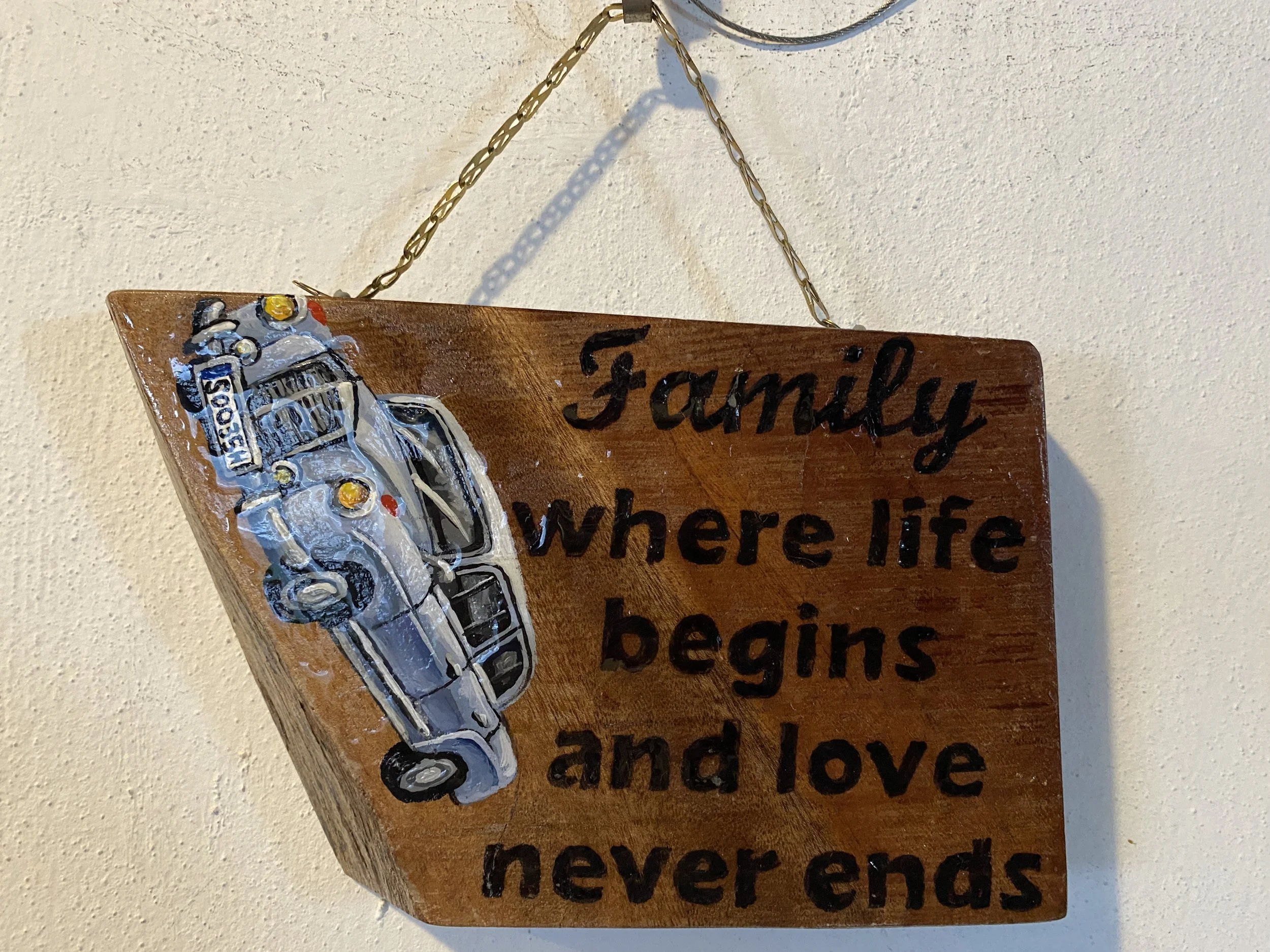 Handcrafted Family Wooden Plaque with Vintage Car Design