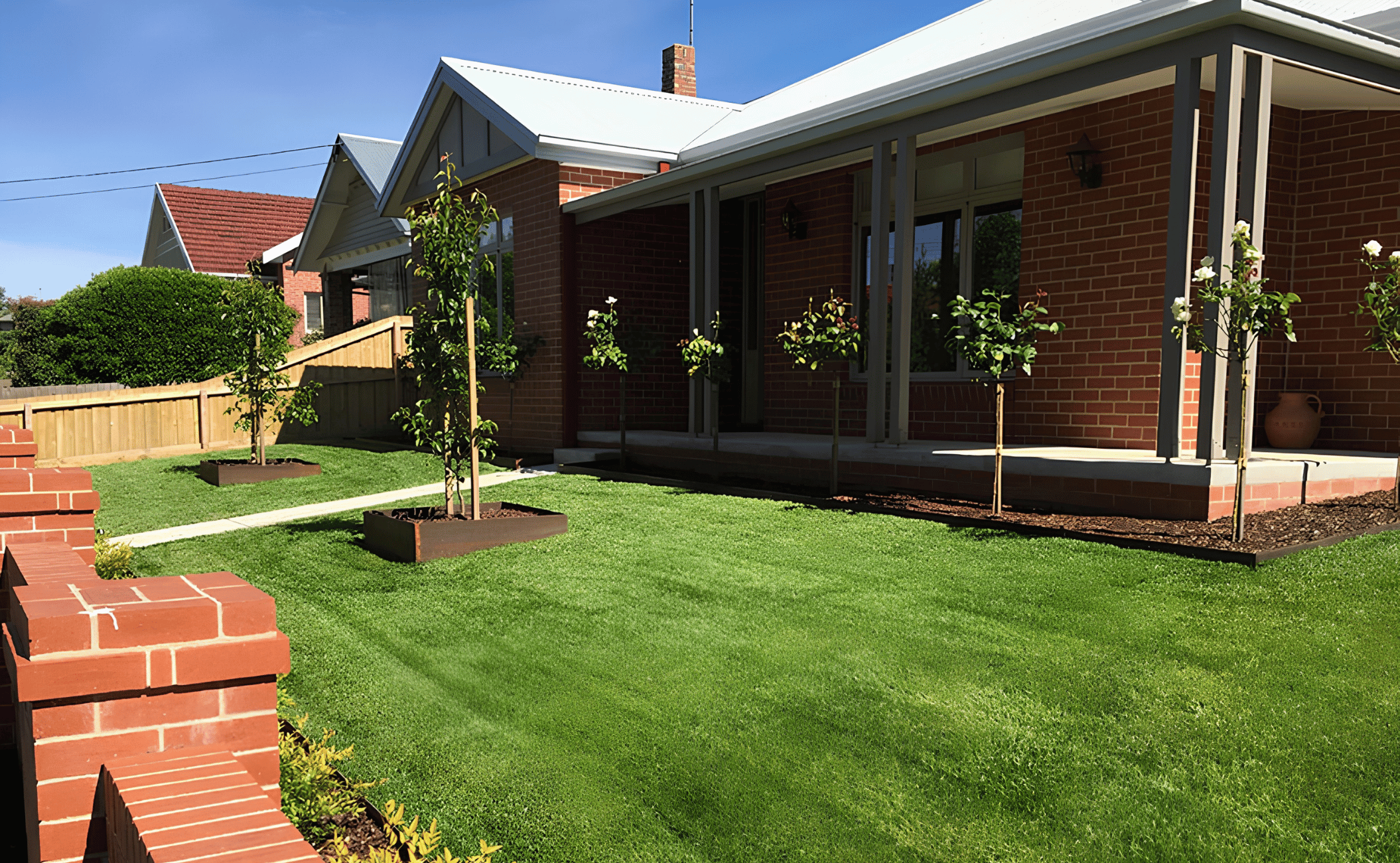 A backyard with a brick house, green grass, young trees in planting beds, wrapped in wooden borders, and a brick fence in the foreground.