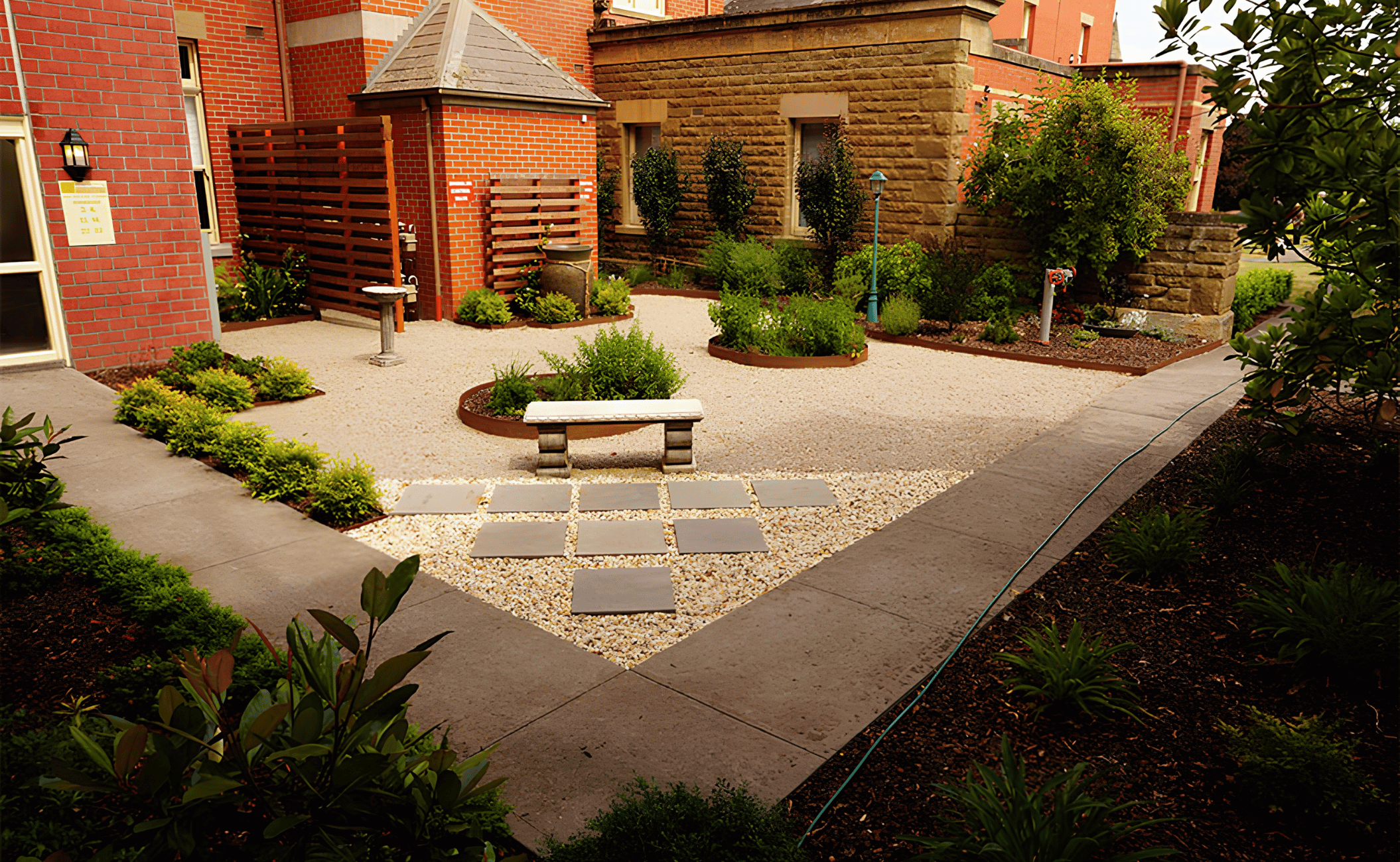 A neatly landscaped backyard with a gravel area, small plants, a bench, and a decorative fountain, surrounded by a brick and stone house building.