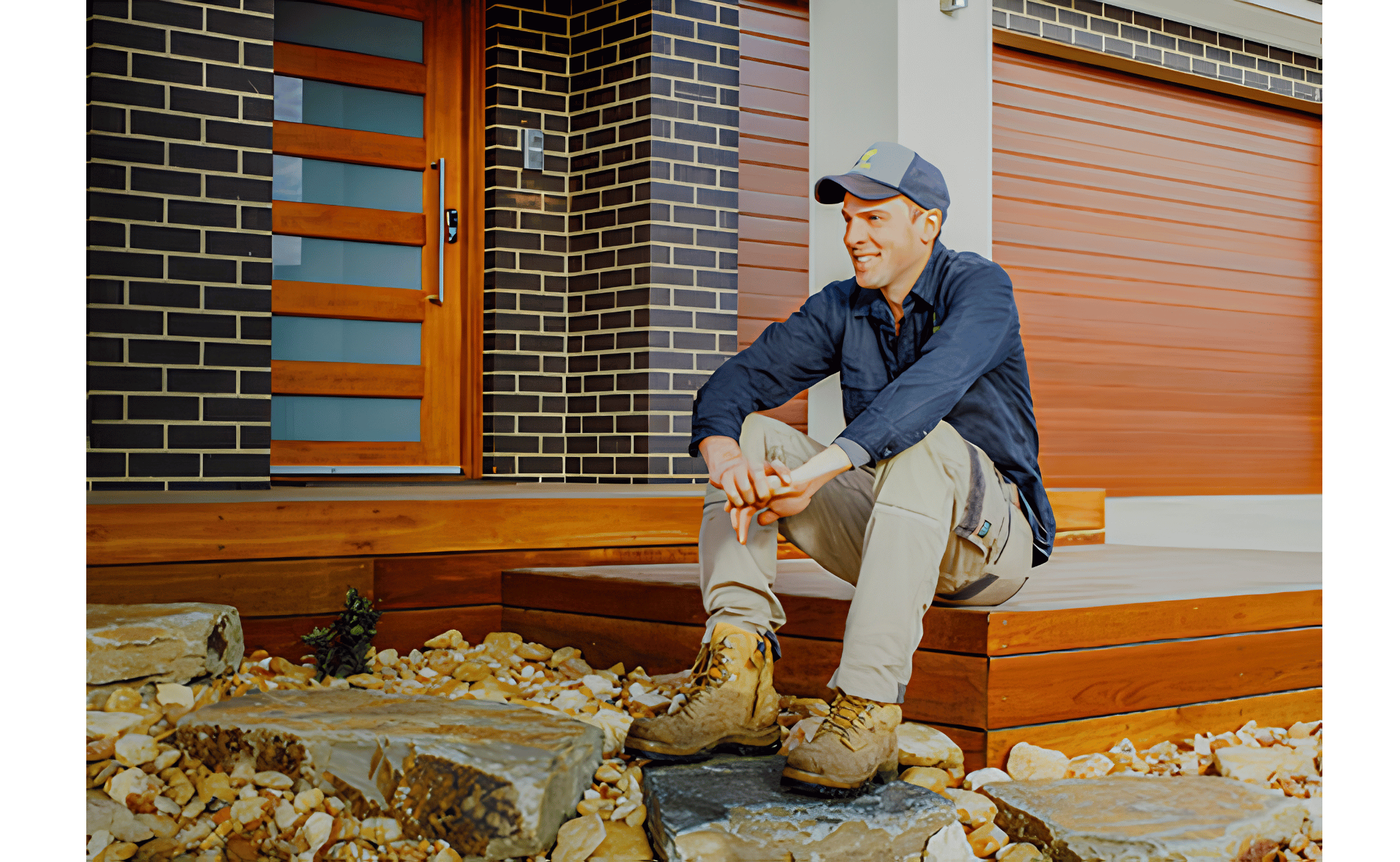 A man sitting on a porch in front of a house with a brick and wood exterior, wearing a cap, jacket, and beige pants, surrounded by rocks and stones.
