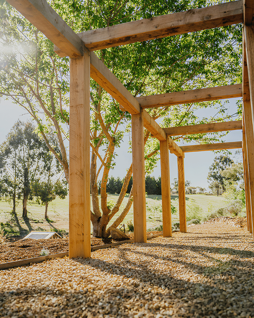 Wooden framework under construction with trees and a grassy field in the background.
