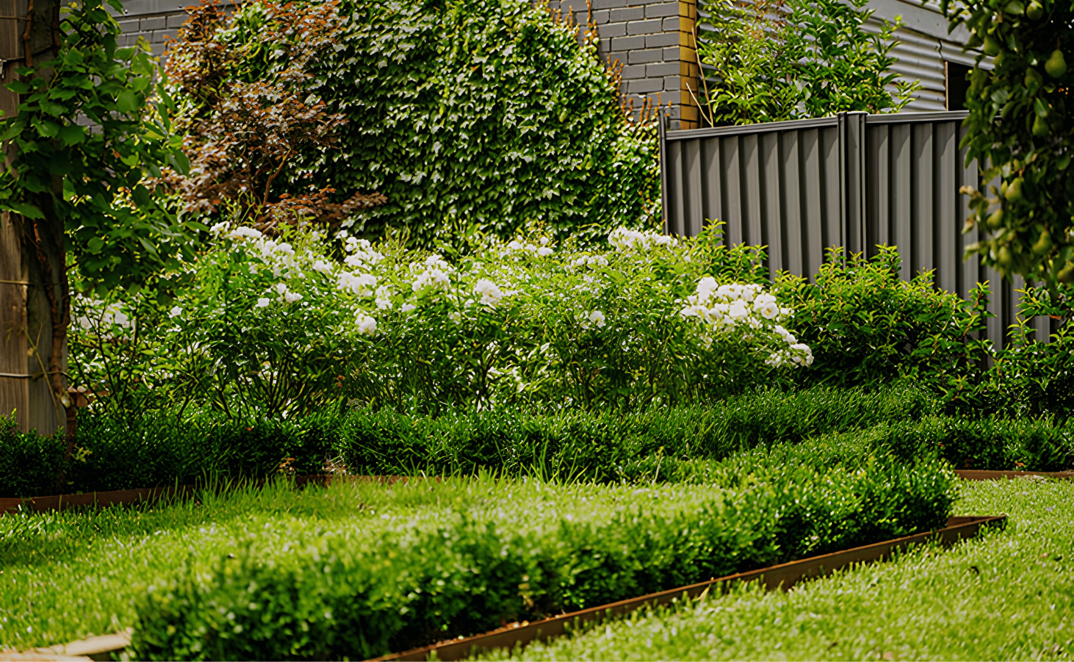 A lush garden with various green shrubs, white flowering plants, and a small tree, enclosed by a grey brick and metal fence.