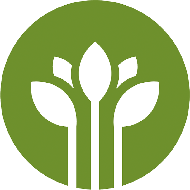 Green circular logo with three stylized leaves in the center.