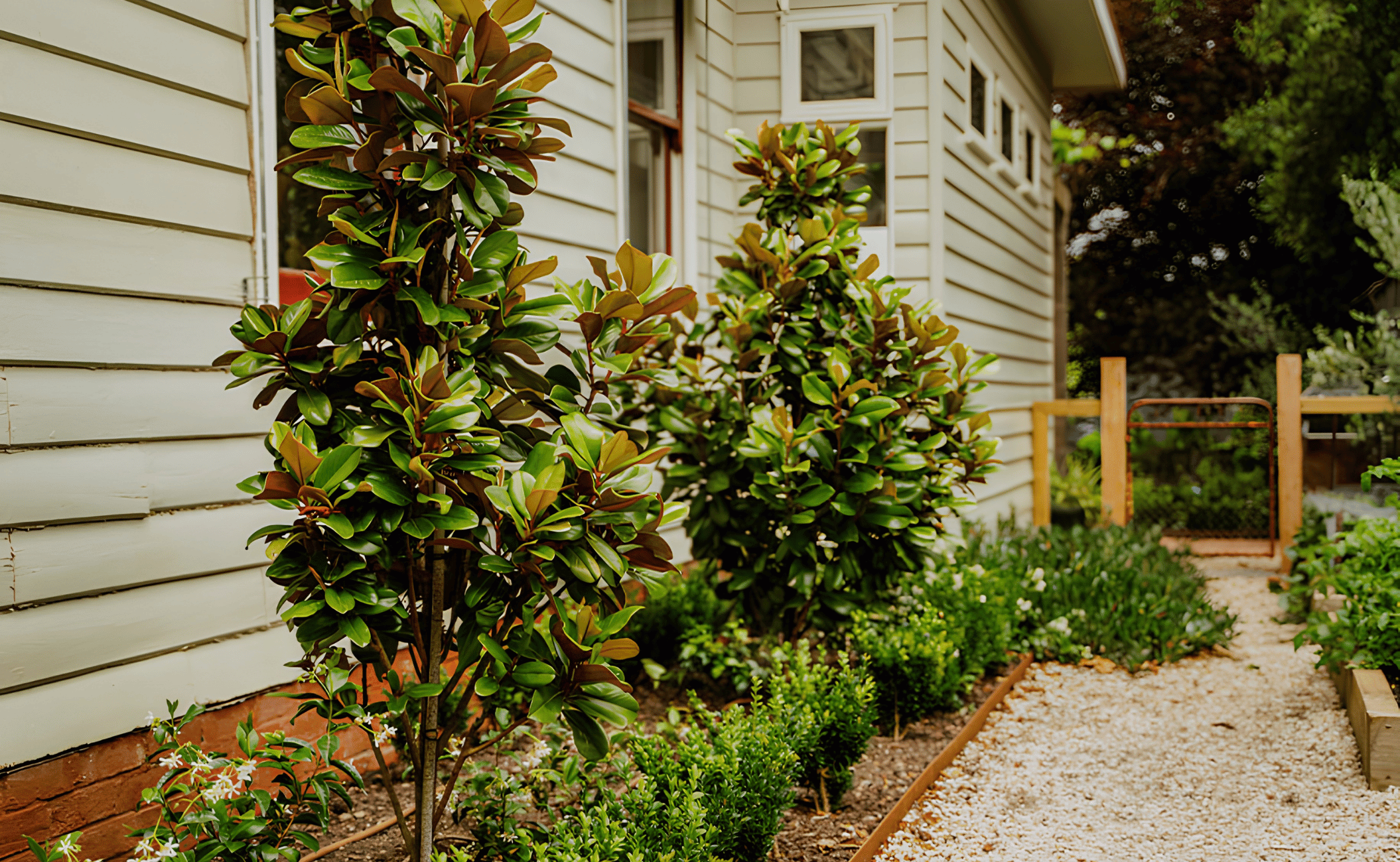View of a garden with green bushes, small flowering plants, and a gravel pathway next to a beige house with white siding and a window.
