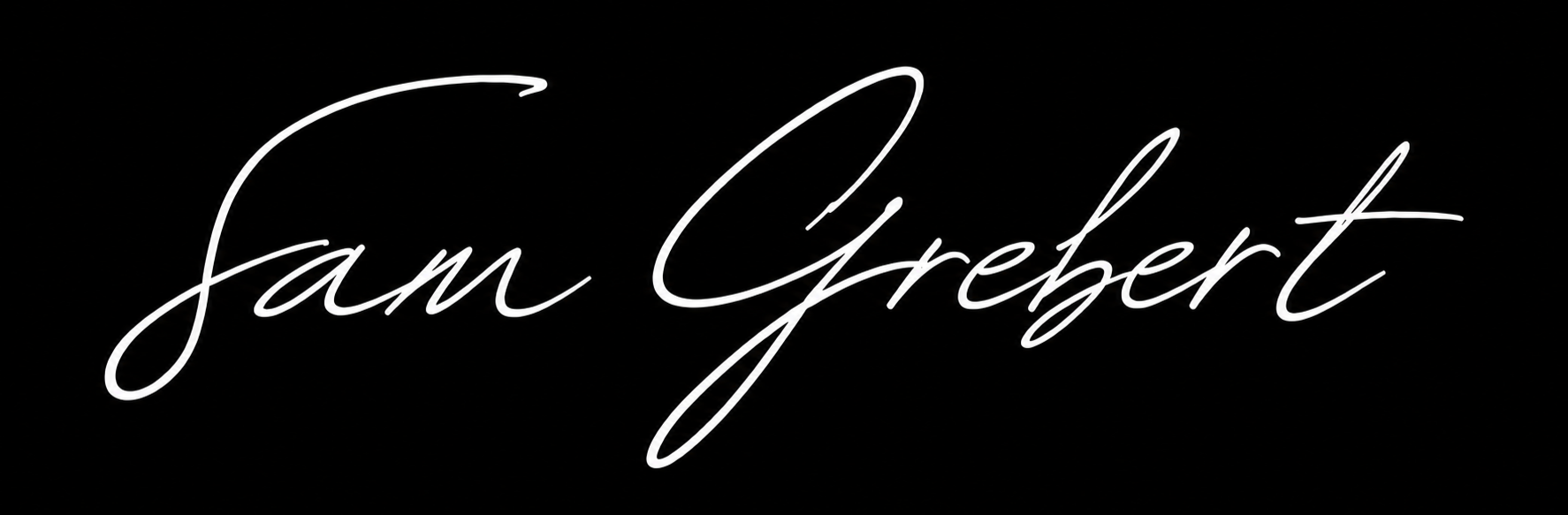 White scripted signature of the name Sam Grebert on a black background.