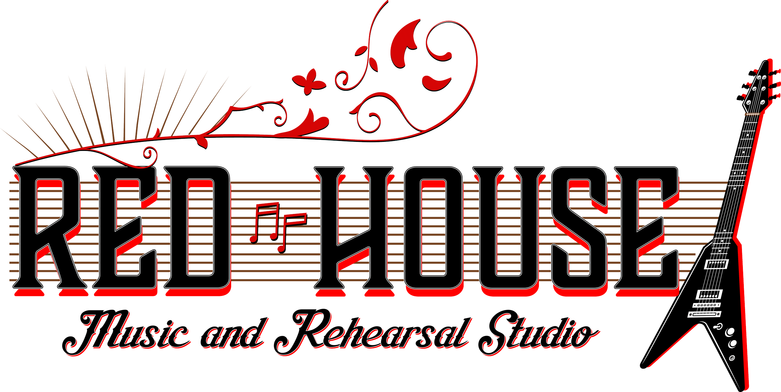 Graphic of the word "REVIEW" in large, stylized letters with a guitar on the right side and musical notes. Text below reads "Music and Rehearsal Studio" with decorative elements and musical theme.