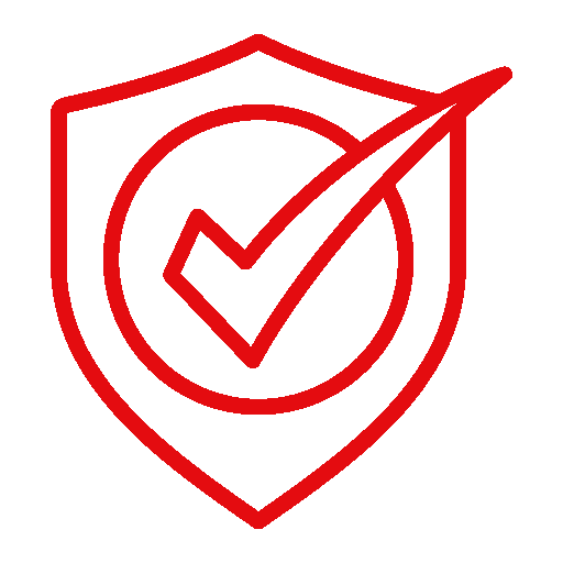 Een rood schild met een checkmark en pijl, symboliseert bescherming en veiligheid.