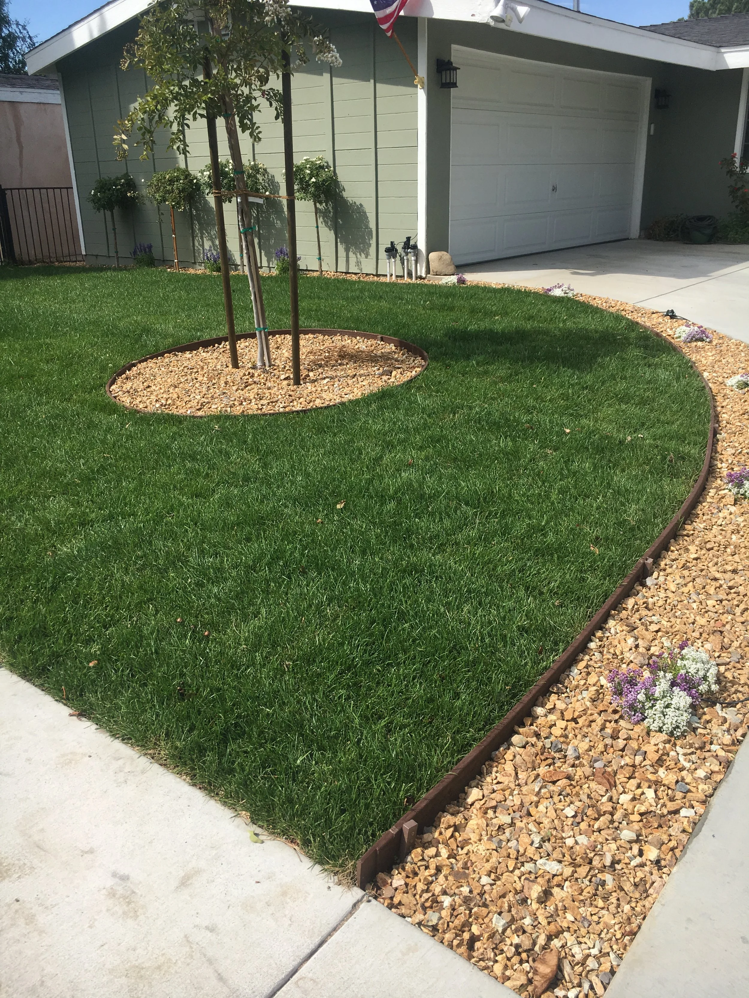 A front yard with a curved flower bed edged with brown metal border, filled with small rocks and purple and white flowering plants, next to a concrete sidewalk and a house with a garage, a small tree, and lush green grass.