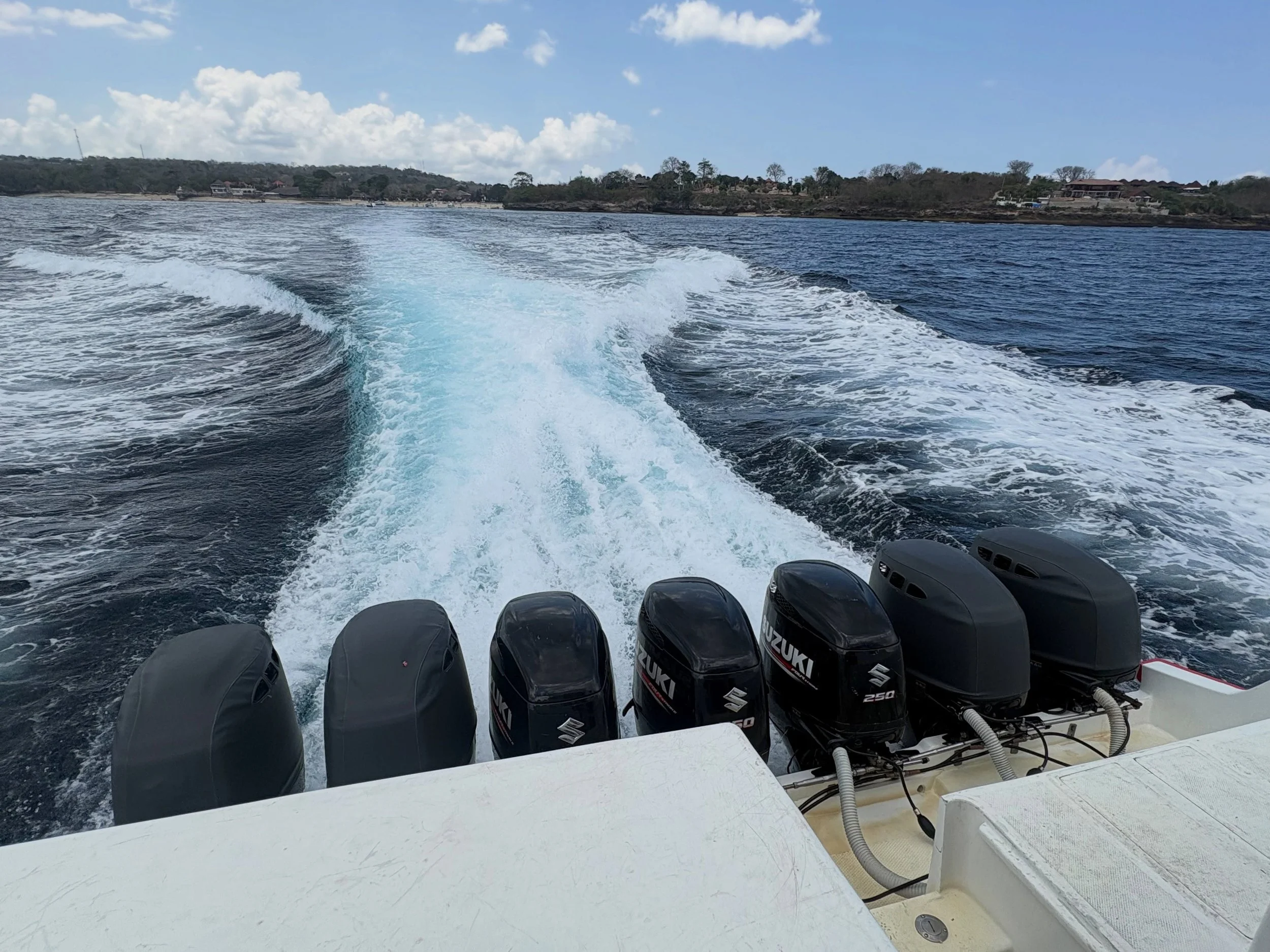 I always sit at the back of the ferry, less chance of getting seasick 😣

Heading from Nusa Lembongan to Bali, I looked behind me and thought&hellip; that is a LOT of motors for one small boat. 🛥️

Then we flew. 

It made me think about children. Sm