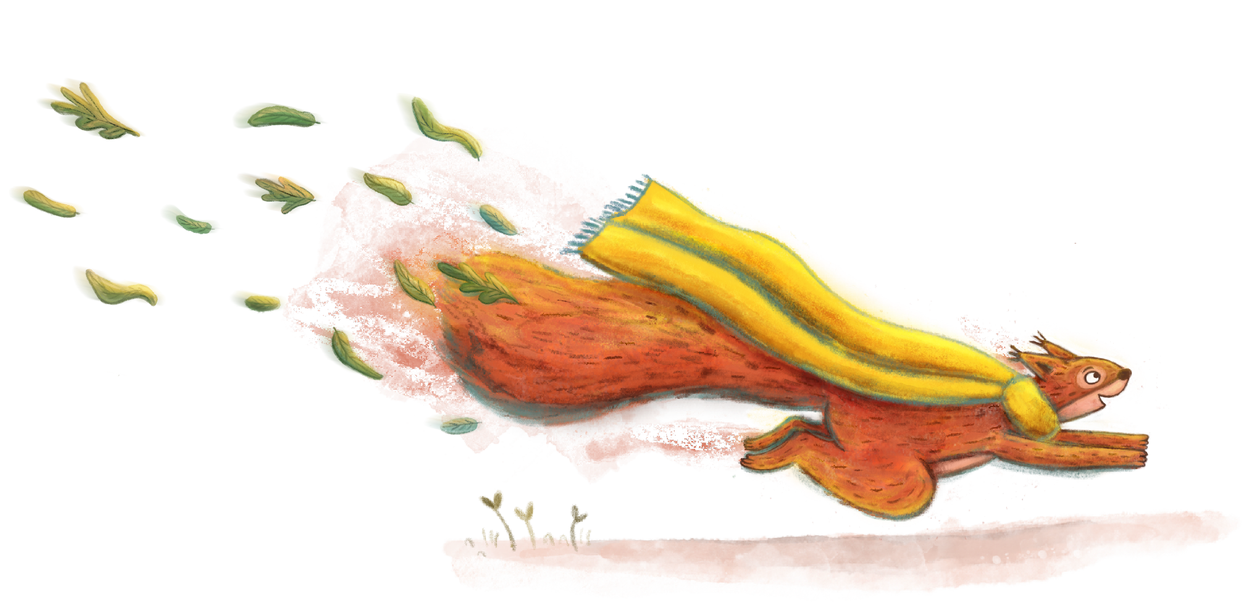 A colorful illustration of a frog with a broad body and wide eyes, with yellow and green wings and a red and orange body, lying on a pink surface.