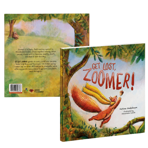 Colorful children's book cover titled "Get Lost, Zoomer!" featuring an illustrated squirrel swinging on a tree branch with green leaves, lush background, and the author's name Katina Nadebaum.