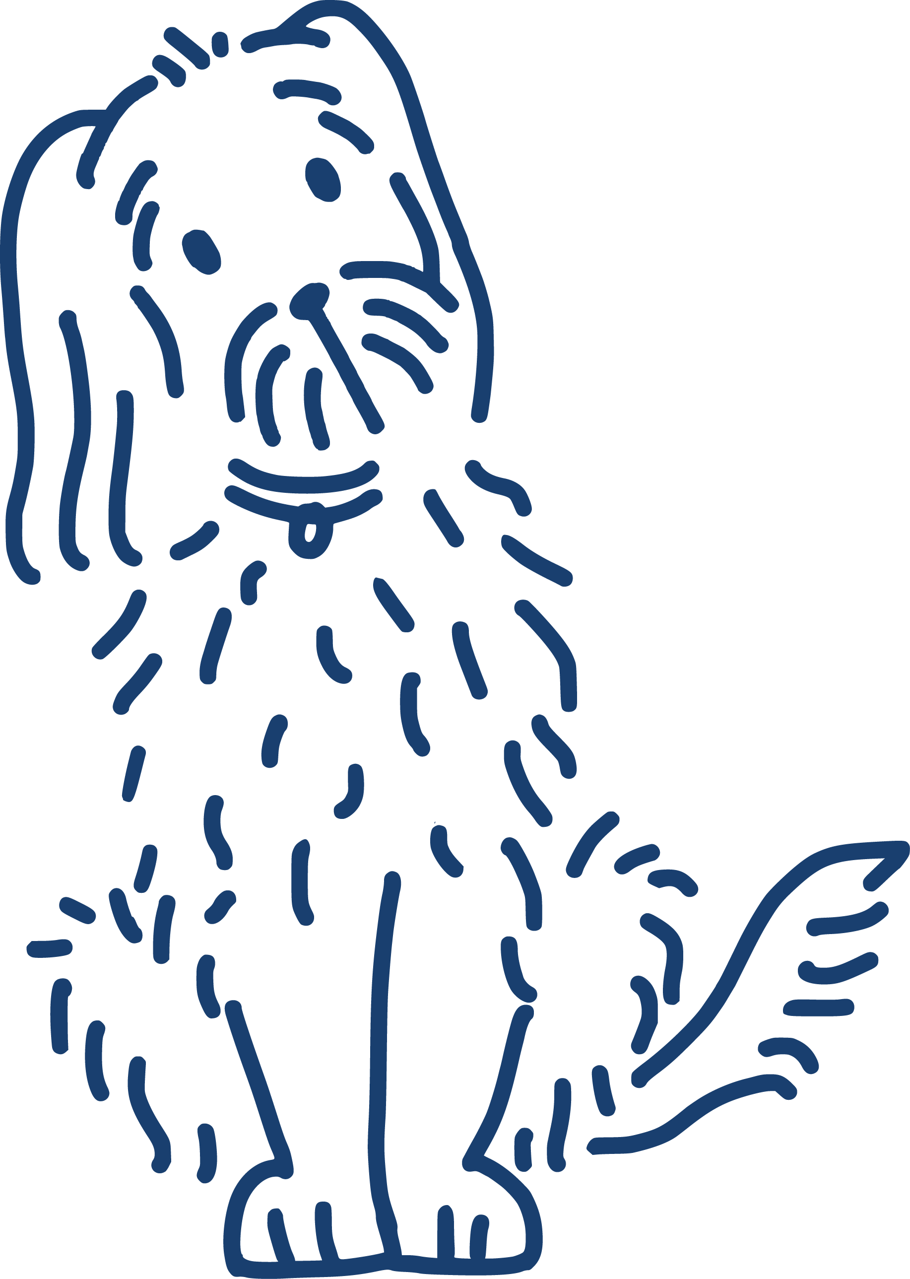 Line drawing of a dog with a collar, facing to the right, with a wagging tail.
