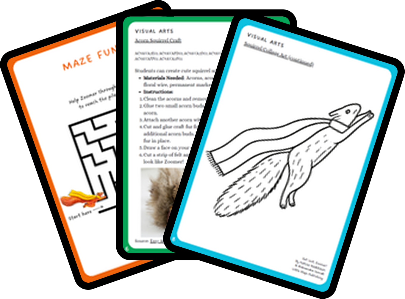 Set of three educational activity cards, one featuring a maze puzzle, one with arts and crafts instructions, and the third with a drawing of a squirrel.