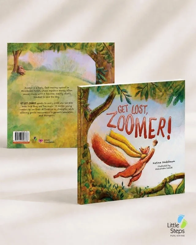 Children's book titled 'Get Lost, Zoomer!', showing a squirrel jumping with a small acorn, in a colorful forest scene on the cover, with the back cover visible in the background.