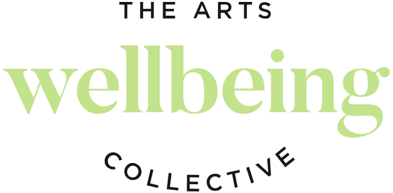 Text-based graphic displaying 'The Arts Wellbeing Collective' with 'wellbeing' in large light green font, 'The Arts' above in black, and 'Collective' curved below in black.