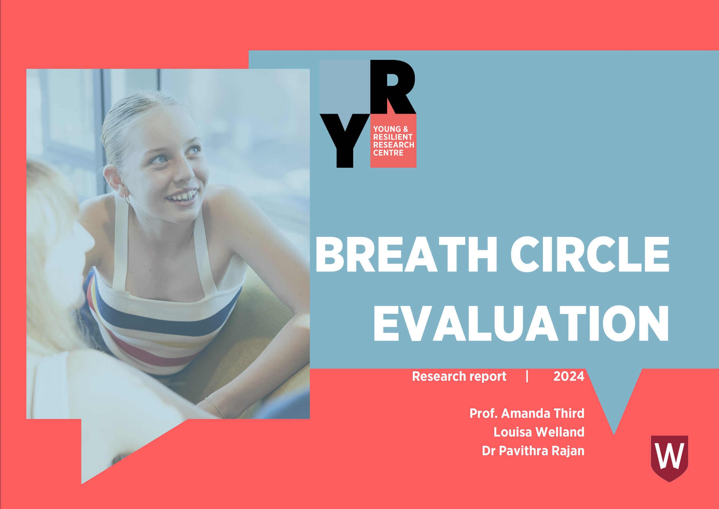 Cover page of a research report titled 'Breath Circle Evaluation'. It features a smiling young woman with blonde hair and blue eyes, wearing a striped top, engaging in conversation. The report is authored by Prof. Amanda Third, Louisa Welland, Dr. Davithra, and Dr. Pavithra Rajan. The publication year is 2024, and it is associated with the Young & Resilient Research Centre.