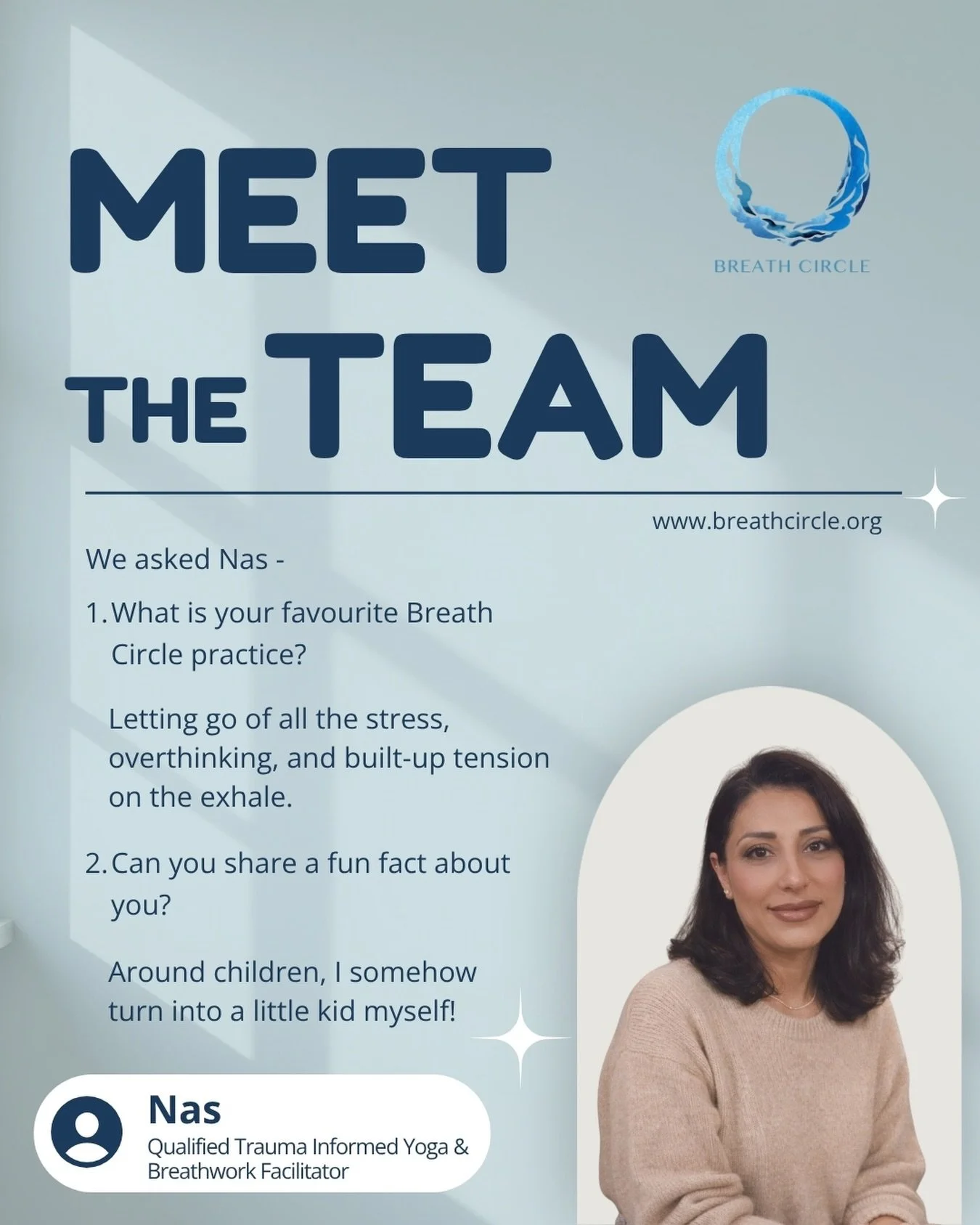 Meet the team!

@yoga_with_nas is a qualified trauma-informed yoga &amp; breathwork facilitator ✨💛

We asked Nas -
1. What is your favourite Breath Circle practice?

Letting go of all the stress, overthinking, and built-up tension on the exhale. We&