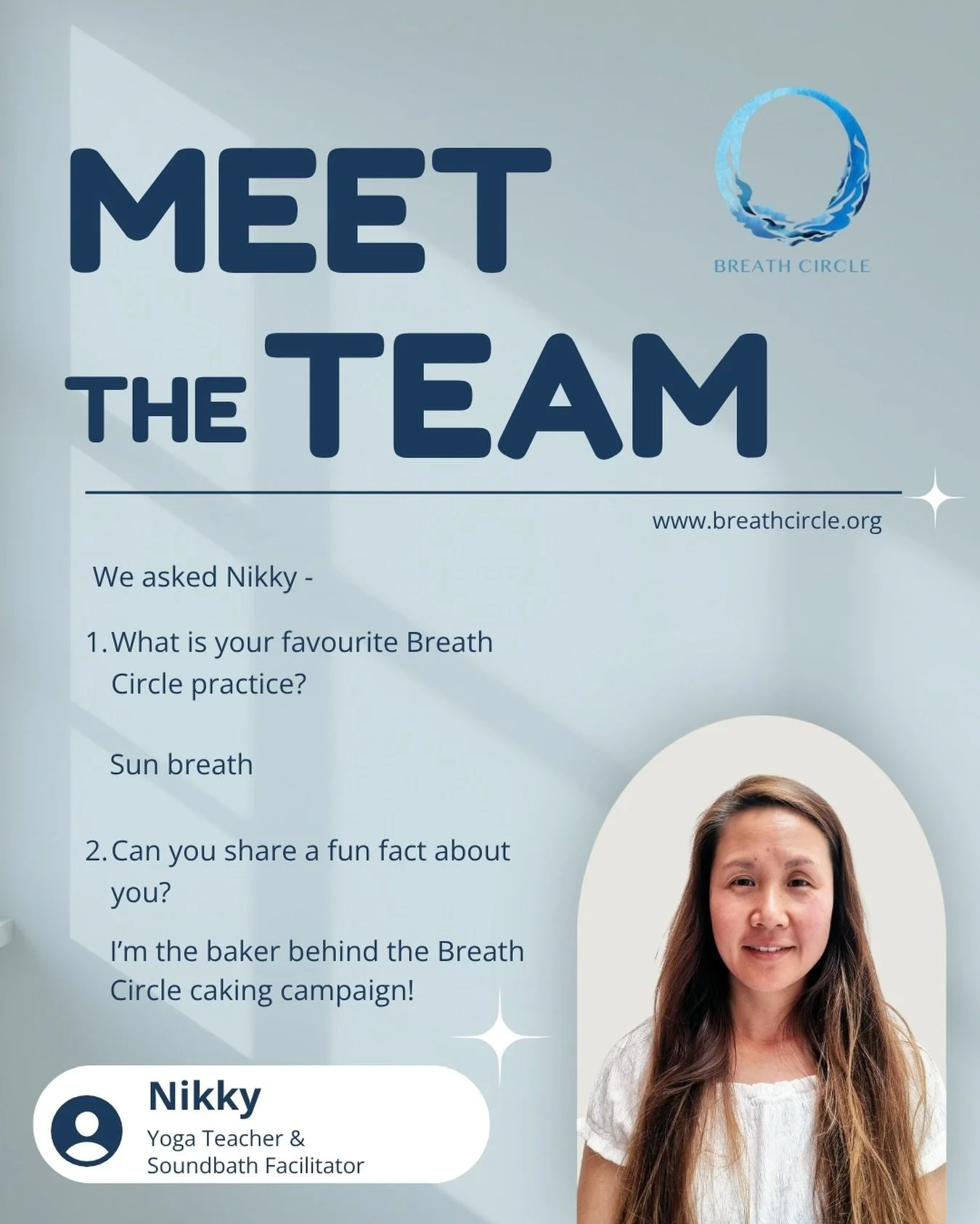 Meet the team!

@starr.nikky is a yoga teacher and sound-bath facilitator 🌟☺️

We asked Nikky -
1. What is your favourite Breath Circle practice?

Sun breath!

2. Can you share a fun fact about you?

I&rsquo;m the baker behind the Breath Circle caki