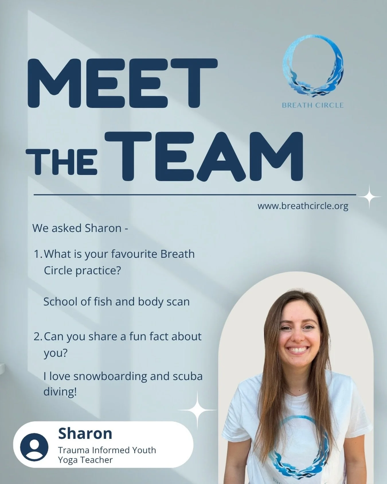 Meet the team!

@sharon0246 is a Trauma Informed Youth Yoga Teacher 🧘&zwj;♀️🌟

We asked Sharon -
1. What is your favourite Breath Circle practice?

School of fish and body scan 

2. Can you share a fun fact about you?

I love snowboarding and scuba