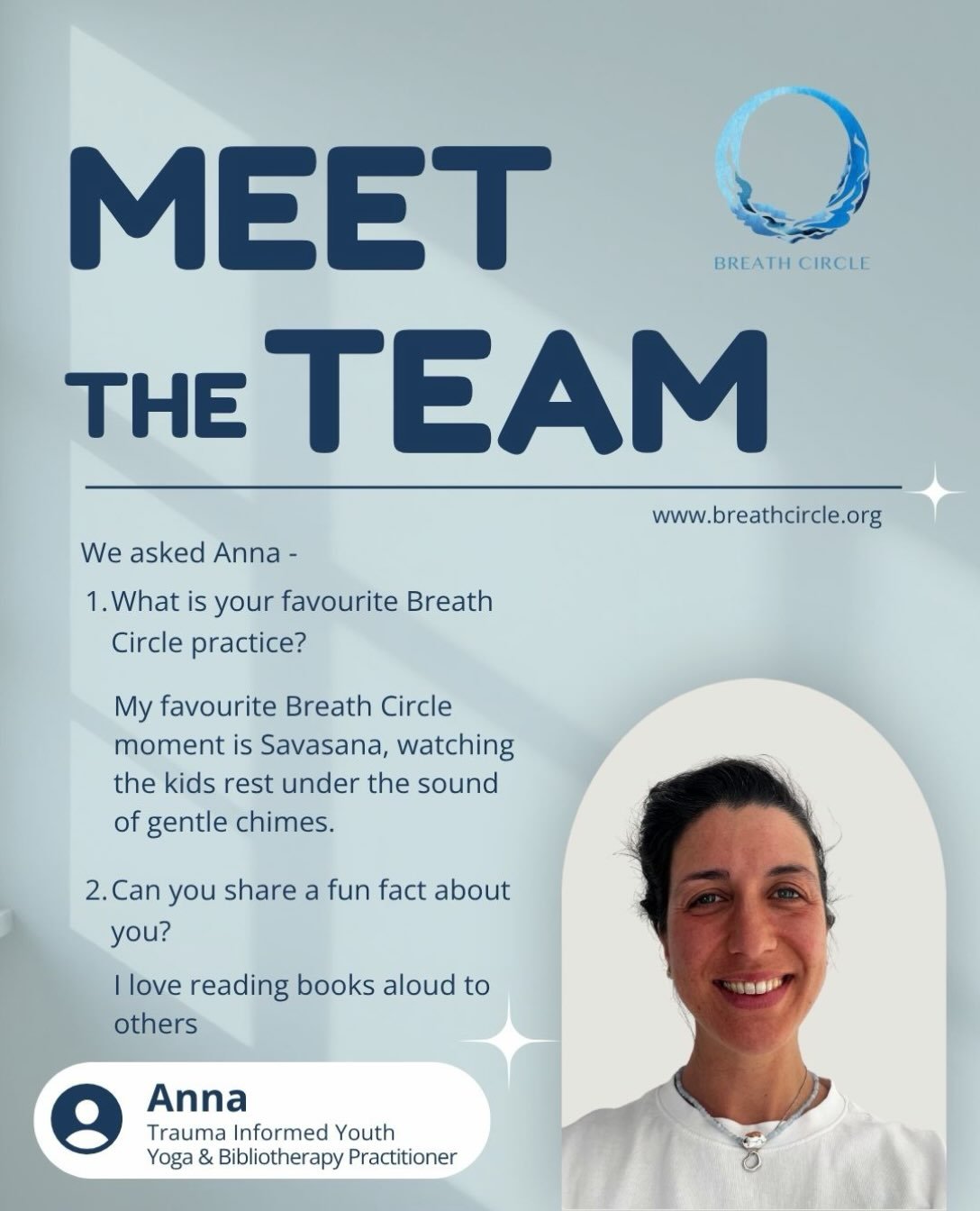 Meet the team!

@kolokuthi is a Trauma Informed Youth Yoga &amp; Bibliotherapy Practitioner 📚🧘🏼&zwj;♀️☺️

We asked Anna -
1. What is your favourite Breath Circle practice?

My favourite Breath Circle moment is Savasana, watching the kids rest unde