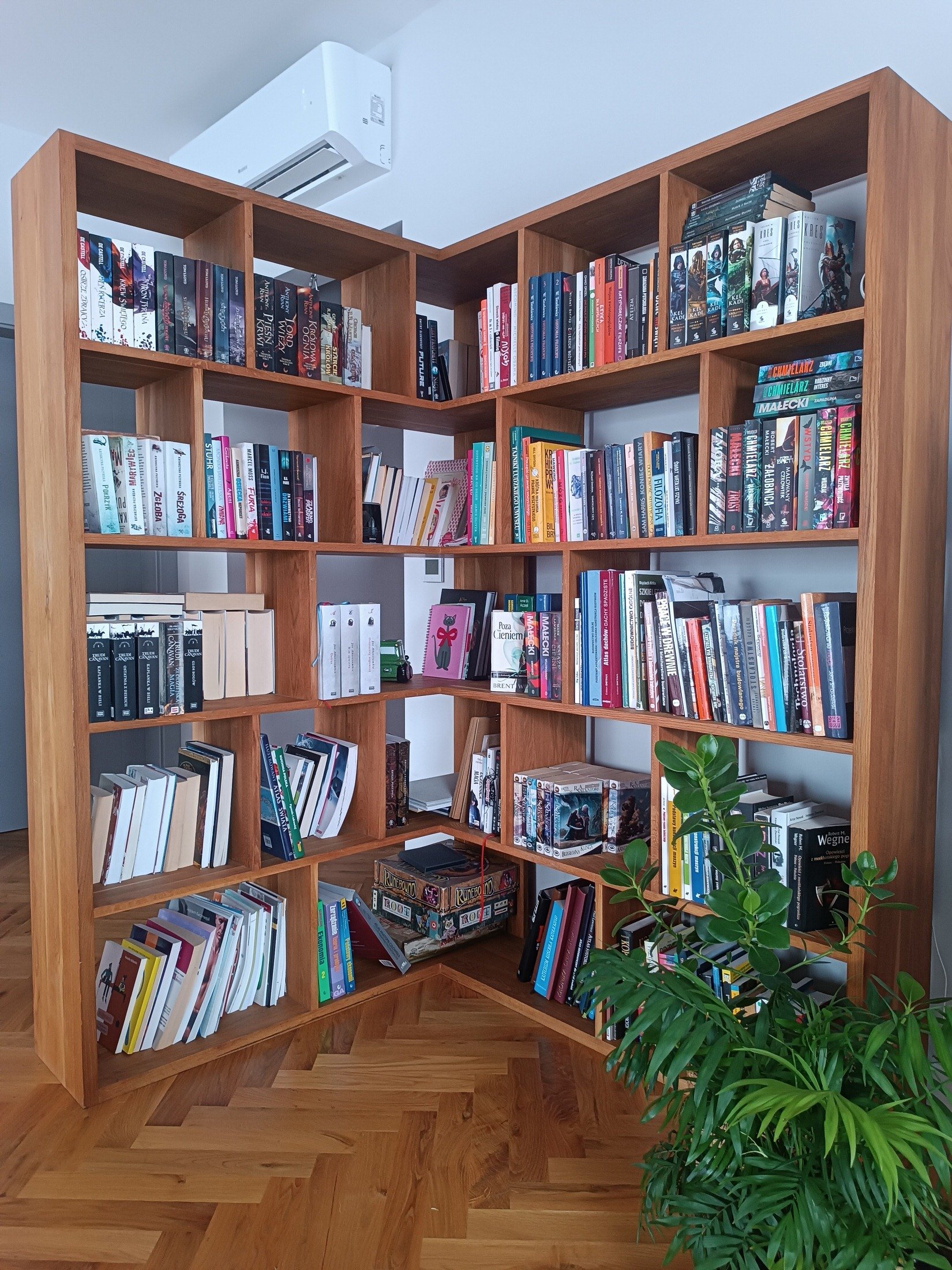 A wooden bookshelf filled with various books, next to a large green potted plant, on a wooden floor, with an air conditioning unit on the wall above.