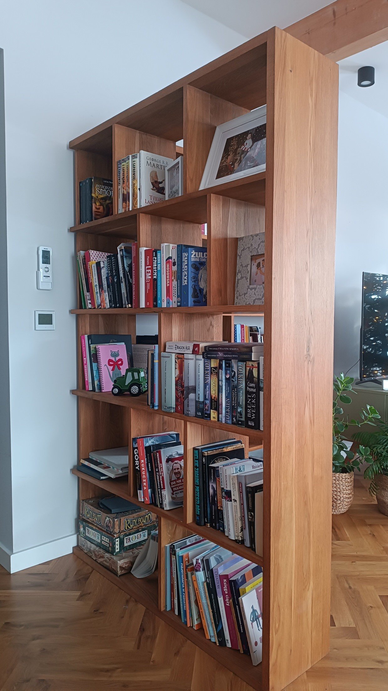 A tall wooden bookshelf filled with various books in a bright living room. There are some framed photos and decorative items on the shelves. To the right, a window with green plants nearby.