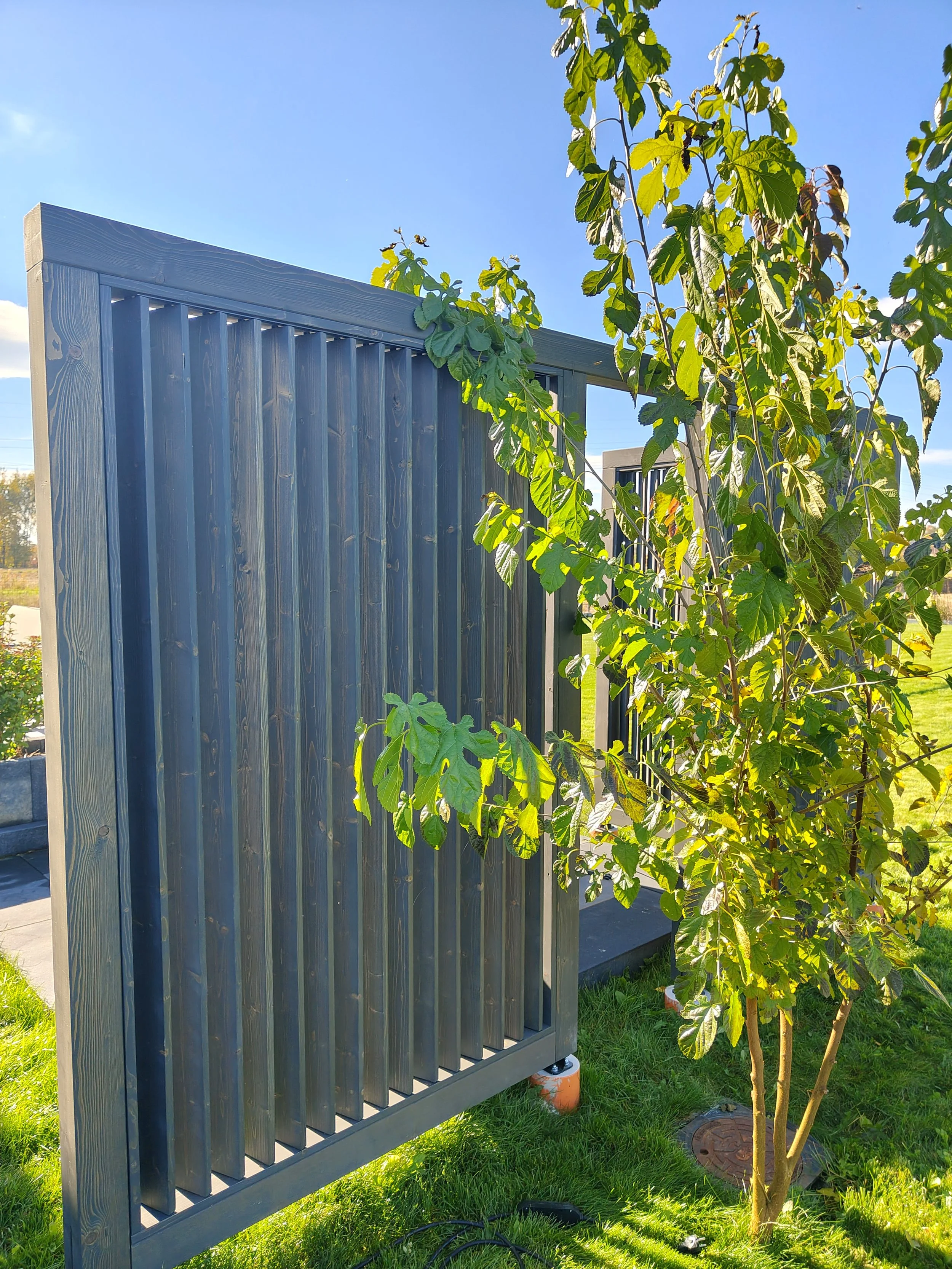 A modern outdoor shower with vertical wooden panels, situated next to a leafy green tree on a sunny day with a clear blue sky.