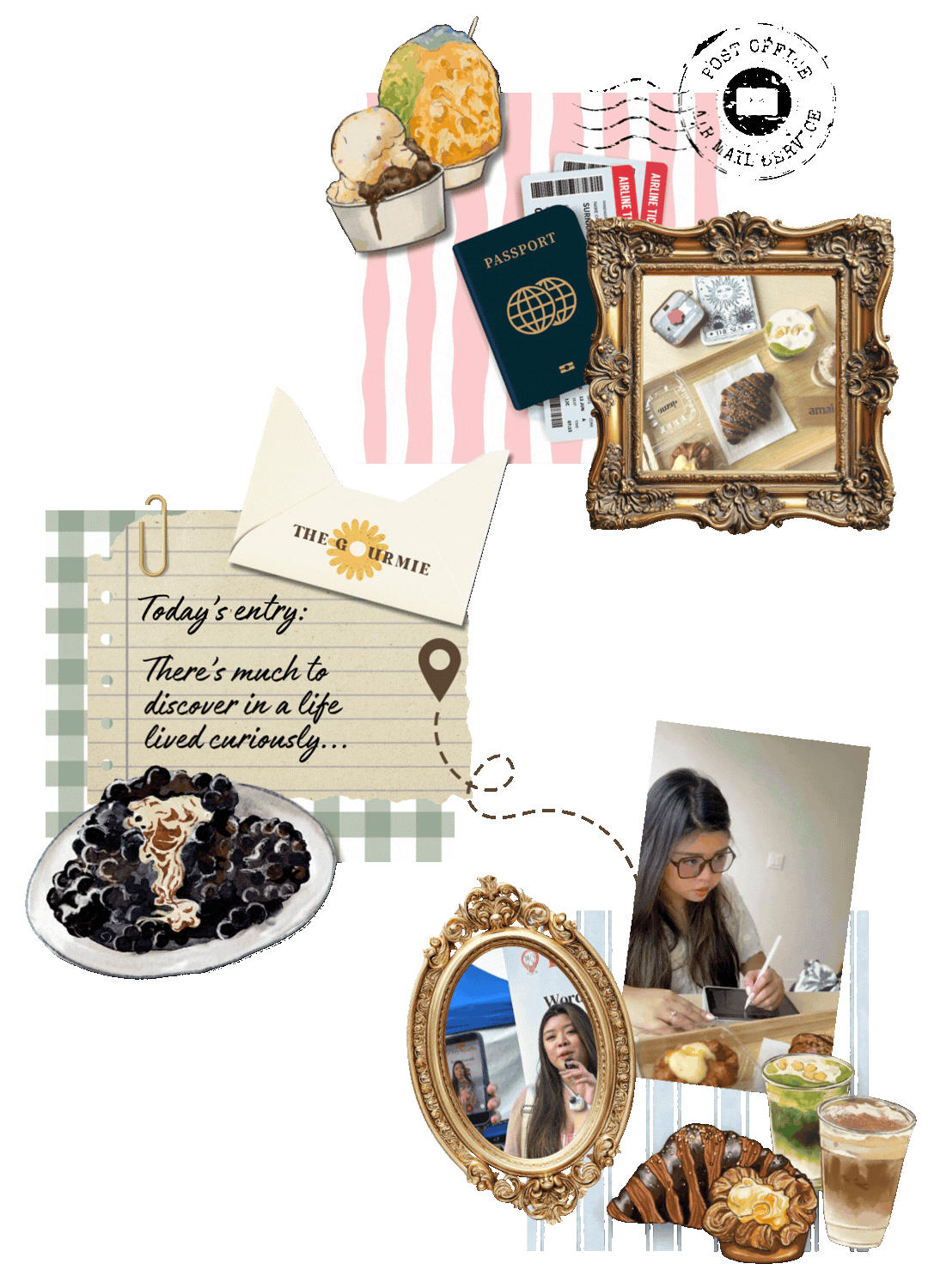 A collage of interests from food spreads, food illustration, to being featured in a community video, the gourmie guide mail club, and a sample post