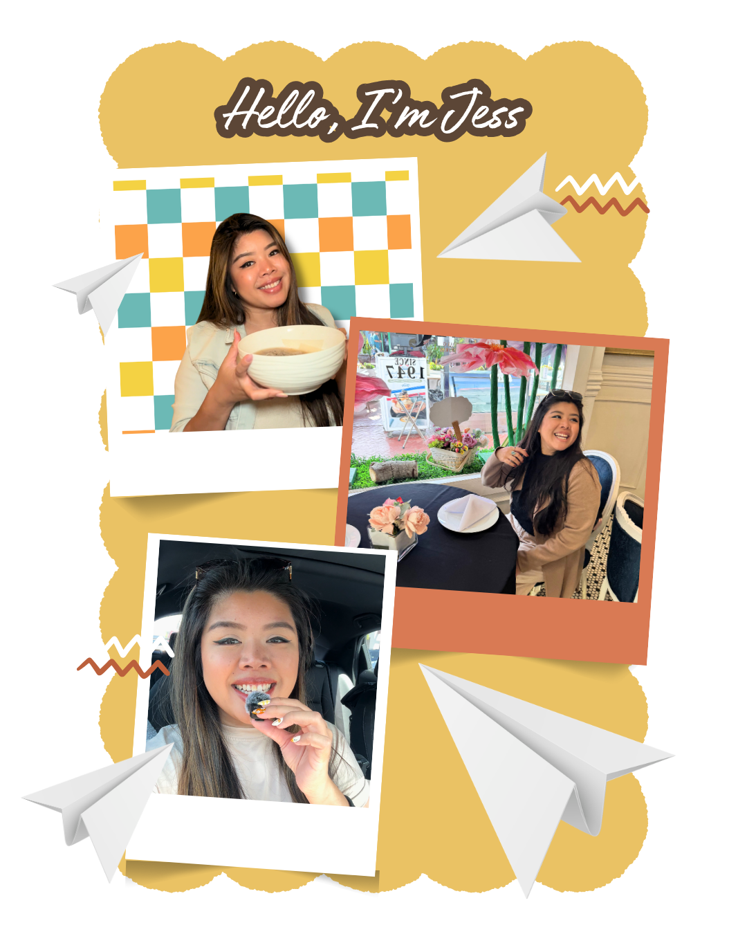 A photo collage featuring Jess including three polaroid looking shots of her profile photo, travels, and doing content.