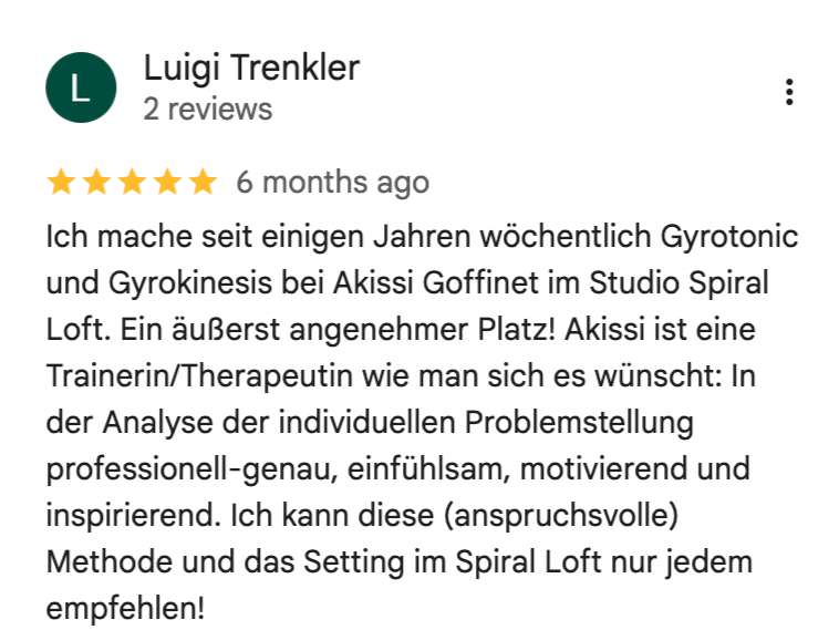 Google review by Luigi Trenkler praising Akissi Goffinet's Gyrotonic and Gyrokinesis classes at Studio Spiral Loft, calling the space pleasant and the trainer highly professional and inspiring.