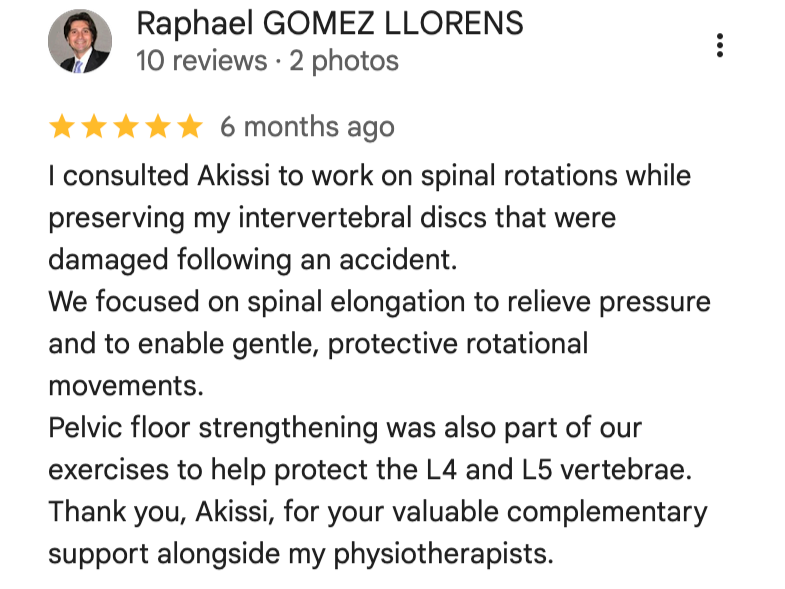 Screenshot of a Google review for a Gyrotonic trainer named Akissi, including a photo of the reviewer, Raphael Gomez Llorens, who gave a five-star rating and shared a positive comment about their spinal treatment.