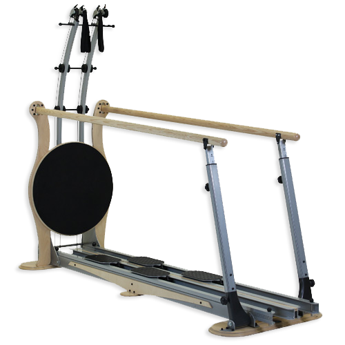 Gyrotonic Jumping Stretching Board machine with a  padded platform, rails and bars.