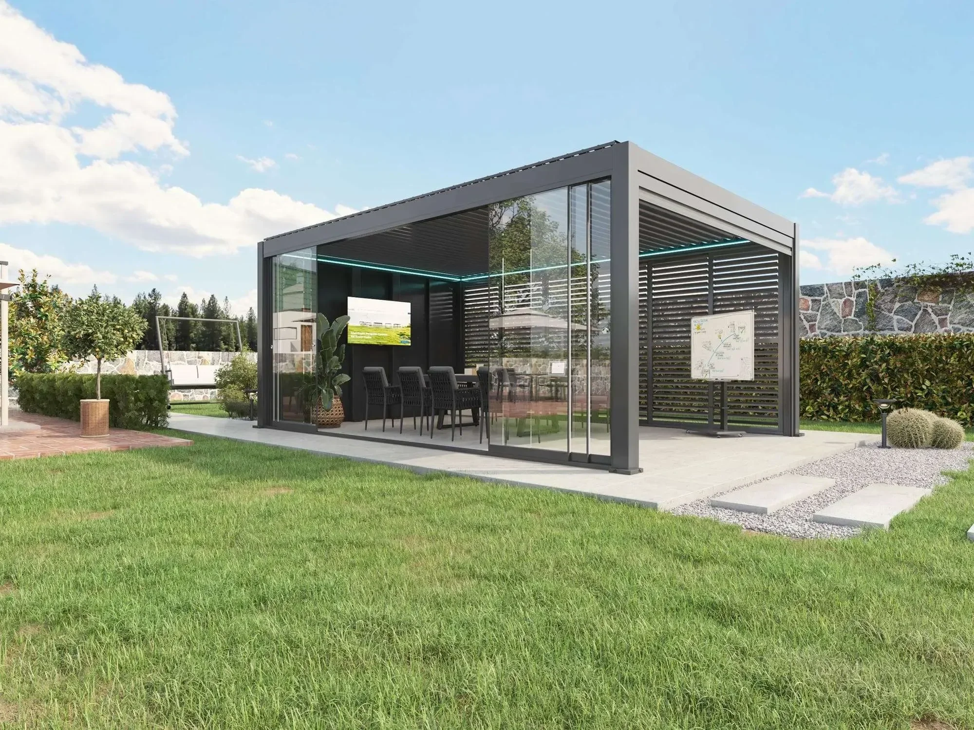 Modern outdoor meeting pavilion with glass walls, seating, and a view of a lush green lawn and garden.