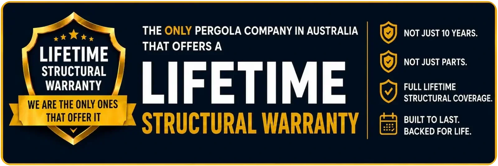 Advertisement for a pergola company's lifetime structural warranty, featuring gold shield emblem and bullet points highlighting warranty benefits.