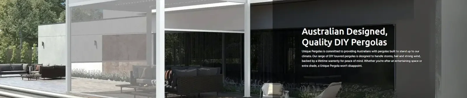 Outdoor patio area with modern Australian designed DIY pergolas, outdoor furniture, and a black sign with white text.