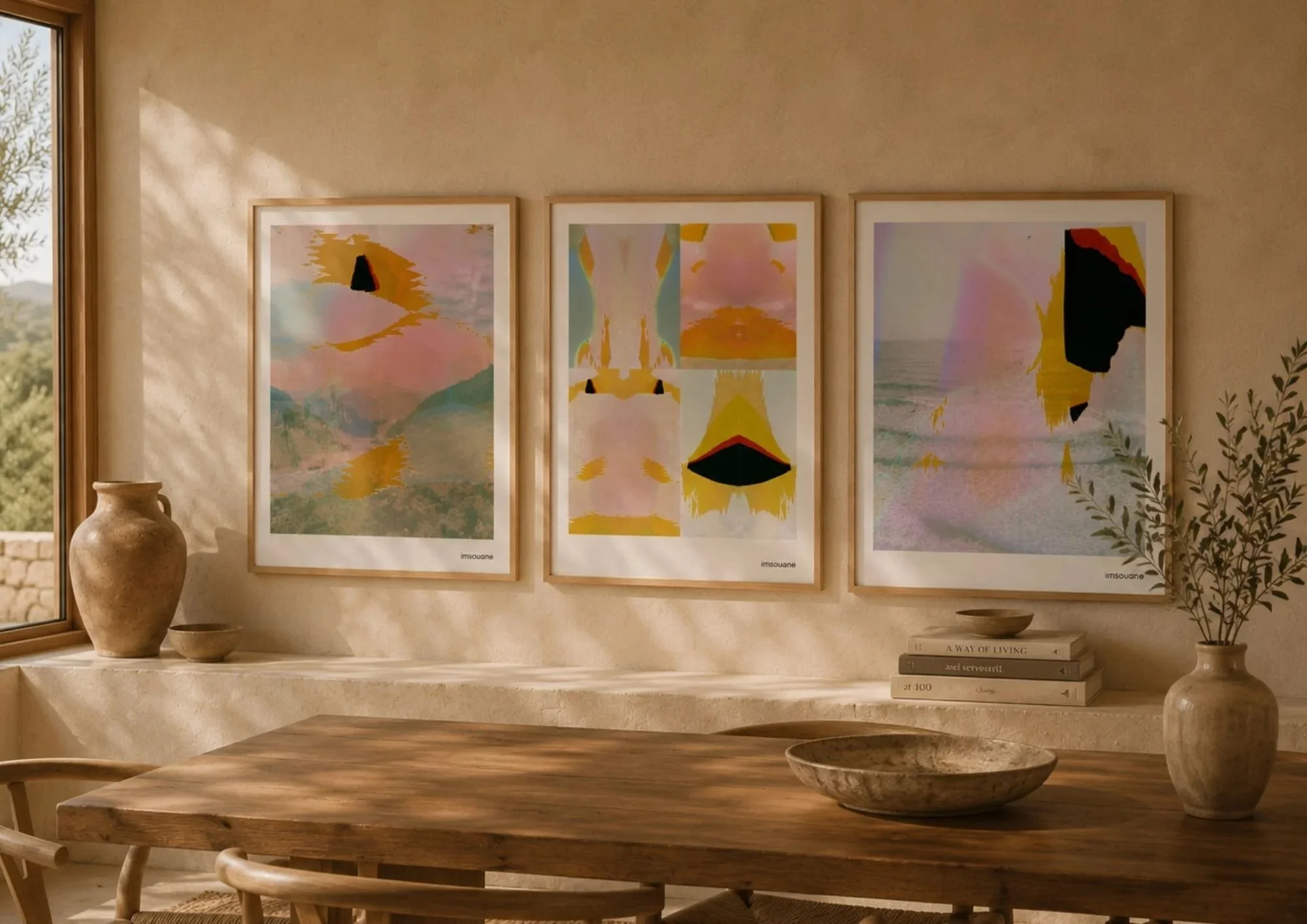 Interior of a room with three abstract art prints on the wall, a large ceramic vase and smaller bowl on the left, a stack of books with a plant on top on the right, and a wooden table in the foreground.
