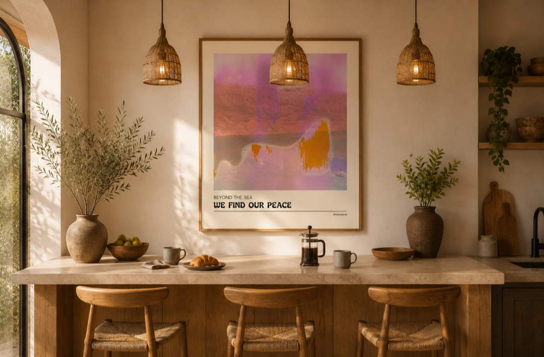 A cozy kitchen with a light-colored countertop, three wooden bar stools, large vases with green plants, and a framed abstract art piece on the wall. The room is illuminated by three hanging wicker pendant lights.